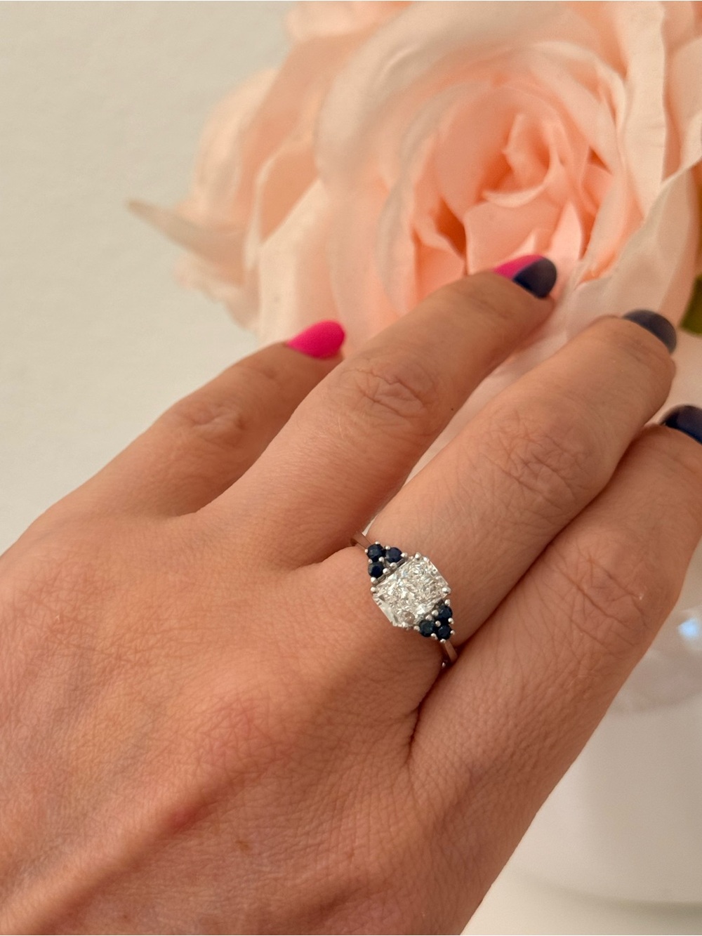 1.58 CT Radiant Lab Diamond & Natural Sapphire Ring 14K White Gold Size 7